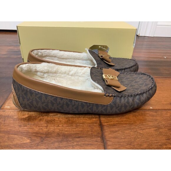 Michael Kors Erica Brown Leather Shearling Lined Logo Flats Slippers, Size 8 - Picture 5 of 10